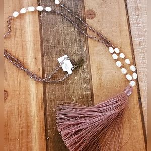 Zacasha Boho Faceted Crystal and Pearl Tassel Drop Necklace Mauve Purple